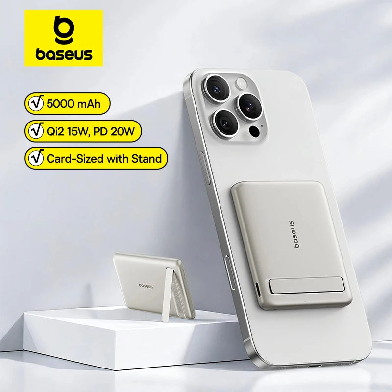 Baseus Qi2 Magnetic Power Bank With Kickstand PD 20W 5000mAh Portable Wireless Fast Charging PowerBank For iPhone Samsung Xiaomi