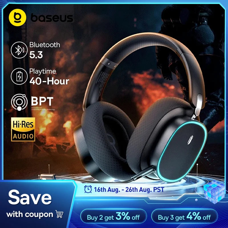 Baseus GH02 Gaming Wireless Headphone with Mic Over-Ear Headphones Bluetooth 5.3 40mm Driver 2.4G/Wireless/Cable RGB Headsets
