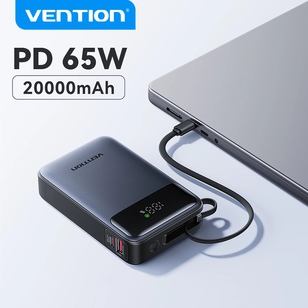 Vention 65W Power Bank 20000mAh Built-in USB-C Cable Portable Powerbank for Laptop PD Fast Charger for iPhone 17 Samsung S25 S24